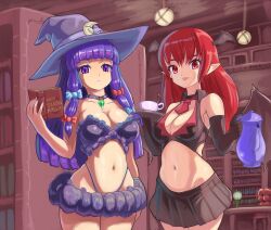 Rule 34 | 2girls, adapted costume, bat wings, bikini, black bikini, blunt bangs, book, breasts, cleavage, commentary, crescent, crescent hat ornament, cup, english commentary, hat, hat ornament, head wings, highres, holding, holding book, holding teapot, koakuma, large breasts, long hair, looking at viewer, multiple girls, multiple wings, patchouli knowledge, pointy ears, profitshame, purple bikini, purple eyes, purple hair, purple headwear, red eyes, swimsuit, teacup, teapot, touhou, wings, witch hat