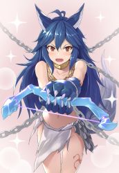 Rule 34 | 1girl, animal ears, animal hands, antenna hair, armor, bare shoulders, blue gloves, blue hair, blush, bow (weapon), brown eyes, chain, claws, collar, cowboy shot, fangs, faulds, fenrir (shingeki no bahamut), gloves, granblue fantasy, groin, hinami (hinatamizu), holding, holding bow (weapon), holding weapon, loincloth lift, long hair, looking at viewer, miniskirt, navel, paw gloves, pink background, revealing clothes, simple background, skirt, solo, sparkle, standing, sweatdrop, tattoo, thigh gap, two-handed, v-shaped eyebrows, very long hair, weapon