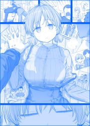Rule 34 | 1boy, 1girl, arm hug, blue theme, blush, bouquet, box, breasts, closed eyes, comic, commentary request, dress, drooling, dust cloud, emphasis lines, expressionless, faceless, faceless male, flower, formal, futon, getsuyoubi no tawawa, gimai-chan (tawawa), glasses, hand fan, highres, himura kiseki, holding hands, interlocked fingers, large breasts, monochrome, open mouth, photo (object), ribbed sweater, school uniform, shadow, short twintails, silent comic, skirt, suit, surprised, suspender skirt, suspenders, sweat, sweatdrop, sweater, twintails, v, wedding dress