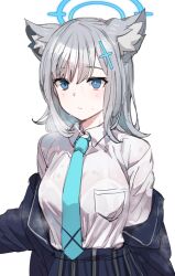 Rule 34 | 1girl, animal ear fluff, animal ears, aqua necktie, blue archive, blue eyes, bow (bhp), bra visible through clothes, breasts, closed mouth, cross hair ornament, grey hair, hair ornament, halo, long sleeves, looking at viewer, medium breasts, necktie, shiroko (blue archive), shirt, short hair, simple background, solo, wet, wet clothes, wet shirt, white background, white shirt