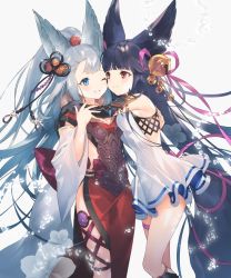 Rule 34 | 2girls, animal ears, backless dress, backless outfit, bare shoulders, bell, black hair, blue eyes, blush, closed mouth, commentary request, detached sleeves, dress, erune, fox ears, fox girl, fox tail, from side, fur-trimmed dress, fur trim, granblue fantasy, hair bell, hair ornament, hair ribbon, hug, jingle bell, long hair, long sleeves, multiple girls, one eye closed, parted lips, pelvic curtain, pink ribbon, pleated dress, red dress, red eyes, ribbon, short dress, silver hair, sleeveless, sleeveless dress, smile, societte (granblue fantasy), tail, tassel, very long hair, white dress, wide sleeves, yamiko, yuel (granblue fantasy)