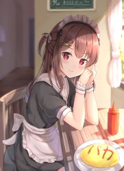Rule 34 | 1girl, apron, black dress, blurry, blurry background, blush, bow, brown hair, chair, closed mouth, curtains, depth of field, dress, food, food writing, frilled apron, frills, hair bow, hair ornament, hairclip, hands up, highres, indoors, keiran (ryo170), ketchup bottle, long hair, looking at viewer, maid, maid headdress, omelet, omurice, one side up, original, plate, puffy short sleeves, puffy sleeves, red eyes, revision, sailor collar, short sleeves, sitting, smile, solo, table, waist apron, white apron, white bow, white sailor collar, wooden floor, wrist cuffs, x hair ornament