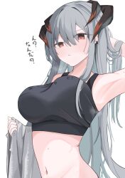 Rule 34 | 1girl, absurdres, arknights, arm behind head, arm up, armpits, black sports bra, breasts, closed mouth, crop top, dragon horns, grey hair, hair between eyes, hand in own hair, highres, horns, large breasts, long hair, looking at viewer, midriff, navel, nui (nuinui0300), orange eyes, saria (arknights), simple background, solo, sports bra, sweat, translation request, upper body, white background