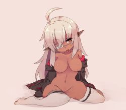 Rule 34 | 1girl, ahoge, borrowed character, breasts, bright pupils, brown eyes, dark-skinned female, dark skin, eyepatch, full body, grey thighhighs, head tilt, highres, large breasts, long hair, medical eyepatch, navel, nipples, nude, off shoulder, original, pointy ears, red miso, sagging breasts, sidelocks, sitting, solo, thighhighs, tongue, tongue out, wariza, white pupils