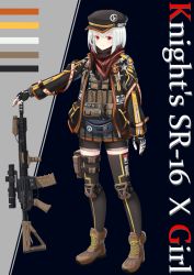 Rule 34 | 1girl, ar-15, bandana, cabbie hat, commentary, english commentary, fanny pack, foregrip, full body, gloves, gun, hat, highres, knee pads, magazine (weapon), original, partially fingerless gloves, peace symbol, red eyes, rifle, scope, short hair, short shorts, shorts, solo, thighhighs, weapon, white hair, x ace k x