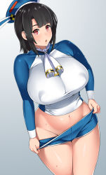 Rule 34 | 10s, 1girl, adapted costume, beret, black hair, blush, breasts, cowboy shot, curvy, covered erect nipples, hat, highres, kantai collection, large breasts, looking at viewer, military, military uniform, navel, open mouth, parted lips, rash guard, red eyes, short hair, shorts, solo, sweat, takao (kancolle), undressing, uniform, wide hips, zonda (solid air)