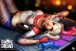 Rule 34 | 1girl, arched back, belt, blue eyes, bracelet, breasts, choker, dc comics, fishnets, gloves, gun, harley quinn, holster, jewelry, large breasts, liang xing, lipstick, long hair, looking at viewer, lying, makeup, midriff, nail polish, on back, pantyhose, parted lips, rain, see-through, shorts, shoulder holster, single glove, solo, suicide squad, tattoo, twintails, weapon, wet, wet clothes