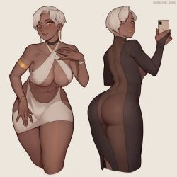 Rule 34 | 1girl, armlet, ass, asura (asurauser), bare shoulders, black choker, black dress, bracelet, breasts, bulge, cellphone, choker, closed mouth, criss-cross halter, cropped legs, dark-skinned female, dark skin, dress, earrings, fingernails, futanari, grey hair, halterneck, hand on own chest, hand up, highres, hip vent, holding, holding phone, jewelry, kali (asura), large breasts, leaning forward, light smile, lipstick, long fingernails, long sleeves, looking at viewer, makeup, mole, mole on breast, mole under eye, multiple rings, multiple views, nail polish, navel, navel piercing, original, parted bangs, patreon username, phone, piercing, revealing clothes, ring, see-through, see-through dress, short hair, simple background, skirt, smartphone, stomach, teeth, turning head, watch, watermark, web address, white background, white skirt, wristwatch, yellow eyes, yellow lips, yellow nails