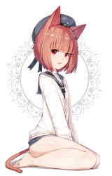 Rule 34 | 10s, 1girl, animal ears, bad id, bad pixiv id, bare legs, barefoot, beret, between legs, black hat, blush, brown hair, cardigan, clothes writing, eyebrows, flat chest, from side, hand between legs, hat, highres, kantai collection, kemonomimi mode, light brown hair, long sleeves, looking at viewer, meth (emethmeth), open mouth, red eyes, sailor collar, sailor hat, seiza, shiny skin, short hair, signature, sitting, solo, tail, z3 max schultz (kancolle)