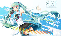 Rule 34 | 1girl, absurdly long hair, black skirt, blue eyes, blue hair, blush, character name, dated, detached sleeves, happy birthday, hatsune miku, holding, holding microphone, ji dao ji, long hair, looking away, microphone, open mouth, skirt, smile, solo, thighhighs, twintails, very long hair, vocaloid, white thighhighs