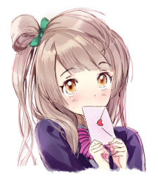 Rule 34 | 10s, 1girl, blazer, bow, brown hair, covering own mouth, hair bow, jacket, letter, long hair, looking at viewer, love letter, love live!, love live! school idol project, macciatto (aciel02), minami kotori, school uniform, side ponytail, solo