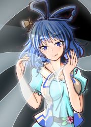 Rule 34 | 1girl, :q, blue dress, blue eyes, blue hair, breasts, dress, flower, hagoromo, hair ornament, hair rings, hair stick, highres, kaku seiga, large breasts, looking at viewer, open clothes, open vest, oshiaki, puffy short sleeves, puffy sleeves, shawl, short sleeves, smile, solo, tongue, tongue out, touhou, upper body, vest, white vest