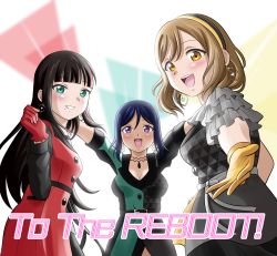 Rule 34 | 3girls, absurdres, alternate hairstyle, artist name, artist request, azalea (love live!), belt, black belt, black bow, black choker, black dress, black hair, black hairband, black pants, black shorts, blue hair, blunt bangs, blush, bow, breasts, brown eyes, brown hair, buttons, choker, cleavage, collarbone, curly hair, dress, earrings, female focus, floating hair, frilled dress, frilled sleeves, frills, gloves, green dress, green eyes, green gloves, grey bow, hair between eyes, hairband, hands up, highres, himitsu no story (love live!), in the dark (love live!), jewelry, kunikida hanamaru, kurosawa dia, layered skirt, light brown hair, long hair, long sleeves, looking at viewer, love live!, love live! school idol festival, love live! sunshine!!, low ponytail, matsuura kanan, medium breasts, miniskirt, mole, mole under mouth, multicolored hair, multiple girls, outstretched arms, outstretched hand, pants, parted lips, plaid, plaid dress, plaid skirt, pleated, pleated dress, pleated skirt, ponytail, purple eyes, reaching, reaching towards viewer, red dress, red gloves, red hair, short dress, short sleeves, shorts, shorts under dress, shorts under skirt, skirt, small breasts, smile, the secret story (love live!), triangle print, two-tone dress, wavy hair, white background, yellow dress, yellow eyes, yellow gloves, yellow hairband