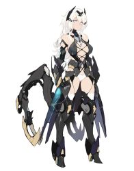 Rule 34 | 1girl, absurdres, armored boots, blue eyes, boots, breasts, closed mouth, full body, high heels, highres, large breasts, long hair, mechanical arms, original, panties, platinum blonde hair, realmbw, solo, standing, thighhighs, transparent background, underwear, white panties