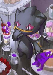 Rule 34 | banette, cake, colored sclera, colored skin, commentary request, creatures (company), food, game freak, gen 3 pokemon, grey skin, grin, highres, indoors, macaron, nintendo, pancake, parfait, pink sclera, plate, pokemon, pokemon (creature), ranmaruuuu00, smile, standing, strawberry cake, teapot, teeth