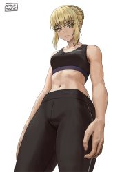 Rule 34 | 1girl, abs, artoria pendragon (all), artoria pendragon (fate), black bra, black pants, blonde hair, bra, braid, carlo montie, crotch seam, expressionless, fate/stay night, fate (series), french braid, from below, high-waist pants, looking at viewer, midriff, muscular, muscular female, navel, pants, saber alter, simple background, solo, sports bra, stomach, underwear, white background, yellow eyes