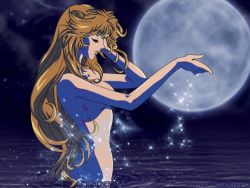 Rule 34 | 1girl, adjusting hair, bath, blonde hair, breasts, cleo everlastin, closed eyes, female focus, long hair, lowres, majutsushi orphen, moon, night, nude, outdoors, pouring, sky, solo, very long hair, water