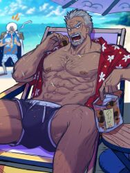 Rule 34 | 2boys, abs, artist name, bara, bare pectorals, beach, beach chair, black eyes, black male swimwear, blue sky, blurry, blurry background, bulge, chest hair, cloud, dark-skinned male, dark skin, eating, feet out of frame, floral print, food, grey hair, highres, looking at viewer, male focus, male swimwear, manlymomo, mature male, monkey d. garp, motion lines, multiple boys, muscular, muscular male, nipples, notice lines, ocean, old, old man, one piece, onigiri, open clothes, open mouth, open shirt, pectorals, red shirt, scar, scar on face, sengoku (one piece), shirt, short hair, sky, swim trunks, table, teeth, umbrella
