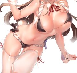Rule 34 | 1girl, bikini, black bikini, black hair, breasts, cleavage, detached collar, dsmile, frill trim, frills, gluteal fold, head out of frame, large breasts, long hair, maid, maid bikini, navel, ribbon, simple background, solo, swimsuit, thighhighs, unaligned breasts, unconventional maid, unfinished, white background, white thighhighs, wrist cuffs