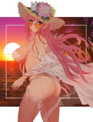 Rule 34 | 1girl, alternate costume, ass, azur lane, bare shoulders, beach, bikini, breasts, cleavage, female focus, flower, green eyes, hat, highres, large breasts, long hair, looking back, looking over eyewear, looking over glasses, open clothes, open shirt, orange-tinted eyewear, orange-tinted glasses, outdoors, red hair, shirt, sky, solo, straw hat, sun hat, sunglasses, sunset, surcouf (azur lane), swimsuit, tagme, thick thighs, thighs, tinted eyewear, tucciao, very long hair, wet, white bikini, white flower, white shirt