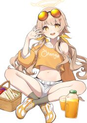 Rule 34 | 1girl, absurdres, alternate costume, bare shoulders, black socks, blue archive, blush, bright pupils, brown eyes, brown hair, brown socks, crop top, crop top overhang, cup, dampi, drinking glass, eyewear on head, food, fruit, grapes, hair ornament, hair ribbon, hairclip, halo, hifumi (blue archive), highres, indian style, juice, long hair, looking at viewer, low twintails, micro shorts, midriff, navel, off shoulder, open mouth, orange footwear, orange juice, orange ribbon, picnic basket, ribbon, round eyewear, sandwich, shoes, short shorts, shorts, sitting, smile, sneakers, socks, solo, stomach, strawberry, sunglasses, teeth, thighs, tongue, twintails, upper teeth only, white pupils, white shorts