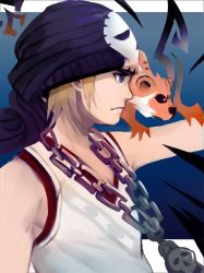 Rule 34 | 1boy, animal, animal on shoulder, beanie, bitou daisukenojou, black hat, blonde hair, blue eyes, chain, chain necklace, closed mouth, frown, hat, highres, jewelry, looking to the side, male focus, necklace, shirt, skull necklace, skull print, sleeveless, sleeveless shirt, solo, solo focus, squirrel, subarashiki kono sekai, undershirt, upper body, white shirt