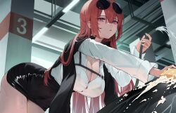 Rule 34 | 1girl, azur lane, black jacket, black skirt, bra visible through clothes, breasts, chest strap, cleaning, cleavage, eyewear on head, hair between eyes, hashtag-only commentary, highres, holding, holding hose, holding sponge, hose, jacket, jacket on shoulders, large breasts, leaning forward, long hair, long sleeves, looking at viewer, monarch (azur lane), monarch (detective arriving on the scene) (azur lane), official alternate costume, open mouth, pencil skirt, purple eyes, red hair, refla, shirt, skirt, soap bubbles, solo, sponge, sunglasses, washing vehicle, white shirt, yellow sponge