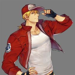 Rule 34 | baseball cap, blonde hair, blue eyes, fatal fury, fingerless gloves, gloves, grey background, hand on own hip, hat, jacket, long hair, male focus, open clothes, open jacket, pectorals, ponytail, red jacket, solo, tank top, terry bogard, the king of fighters, yuri (anachronic)