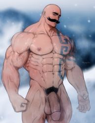 Rule 34 | 1boy, abs, arm tattoo, artist name, bald, bara, biceps, blue eyes, blurry, blurry background, braum (league of legends), chest tattoo, clenched hand, facial hair, feet out of frame, highres, huge penis, hydaria, large pectorals, league of legends, looking at viewer, male focus, manly, mature male, muscular, muscular male, mustache, navel, nipples, nude, outdoors, pectorals, penis, pubic hair, signature, snowing, solo, tattoo, testicles, thick arms, thick eyebrows, thick thighs, thighs, uncensored, veins, veiny arms, veiny penis