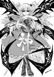 Rule 34 | 1girl, beads, boots, cross-laced footwear, dated, english text, greyscale, hair beads, hair between eyes, hair ornament, heran hei mao, lace-up boots, long hair, looking at viewer, monochrome, shinki (touhou), side ponytail, smile, solo, standing, tiptoes, touhou, touhou (pc-98), white background