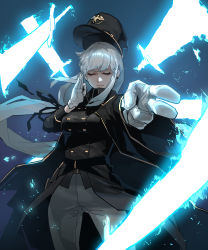 Rule 34 | 1girl, absurdres, black coat, black hat, black jacket, black ribbon, buttons, closed eyes, closed mouth, coat, cowboy shot, double-breasted, earrings, energy sword, floating hat, foreshortening, gloves, gogalking, grey hair, hair ribbon, hand up, hat, highres, jacket, jewelry, long hair, low-tied long hair, low ponytail, ophelia (gogalking), original, pants, perspective, pointing, pointing at viewer, ponytail, ribbon, solo, standing, sword, telekinesis, very long hair, weapon, white gloves, white pants