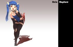 Rule 34 | 1girl, bad id, bad twitter id, bare shoulders, black gloves, black thighhighs, blue hair, blue leotard, blunt bangs, bridal gauntlets, character name, commentary, demon girl, demon tail, elbow gloves, english commentary, eraanthe, fang, flat chest, full body, gloves, hand on own knee, highres, horns, laughing, leaning forward, leotard, looking at viewer, low wings, lowleg, lowleg shorts, no shoes, open mouth, original, partially fingerless gloves, pointy ears, red eyes, red wings, shadow, short shorts, shorts, solo, tail, thighhighs, wings