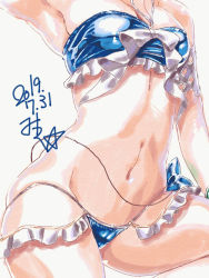 Rule 34 | 1girl, armpits, azur lane, bikini, blue bikini, breasts, cleavage, commentary request, dated, halterneck, halterneck, javelin (azur lane), javelin (beach picnic!) (azur lane), miuku (marine sapphire), navel, signature, simple background, skindentation, small breasts, solo, stomach, swimsuit, traditional media, white background