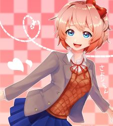 Rule 34 | 1girl, blue eyes, bow, collar, doki doki literature club, hair bow, heart, highres, hita, jacket, neck ribbon, open clothes, open jacket, open mouth, pink background, pink hair, pleated skirt, red bow, red ribbon, ribbon, sayori (doki doki literature club), school uniform, short hair, skirt, white collar