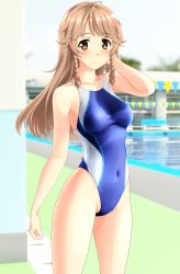 Rule 34 | 1girl, absurdres, antenna hair, blue one-piece swimsuit, blue sky, blunt bangs, blurry, braid, breasts, brown eyes, brown hair, cloud, commentary request, competition swimsuit, covered navel, cowboy shot, day, depth of field, high school fleet, highleg, highleg swimsuit, highres, long hair, medium breasts, nosa kouko, one-piece swimsuit, outdoors, parted bangs, pool, side braids, sky, solo, standing, string of flags, swimsuit, takafumi, thighs, twin braids