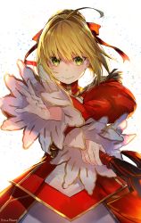 Rule 34 | 1girl, aestus estus, ahoge, artist name, blonde hair, braid, dress, epaulettes, fate/extra, fate (series), hair ribbon, highres, holding, holding sword, holding weapon, mika pikazo, nero claudius (fate), nero claudius (fate) (all), nero claudius (fate/extra), red dress, red ribbon, ribbon, sidelocks, signature, solo, sword, upper body, weapon