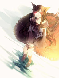Rule 34 | 1girl, animal ears, bare shoulders, black dress, brooch, brown hair, chicheng guang, collarbone, day, dress, full body, grey background, imaizumi kagerou, jewelry, long sleeves, looking at viewer, looking up, red eyes, simple background, solo, sunlight, touhou, water, wind, wind lift, wolf ears
