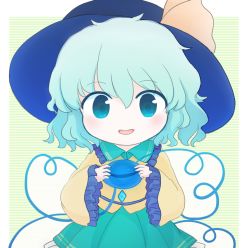 Rule 34 | 1girl, black hat, blouse, blue eyes, blue hair, blush, border, chibi, crystal, frills, gradient hair, green background, green skirt, hair between eyes, hands up, hat, hat ribbon, jewelry, komeiji koishi, long sleeves, looking at viewer, multicolored hair, open mouth, rei (tonbo0430), ribbon, shirt, short hair, skirt, smile, solo, striped, striped background, third eye, touhou, white background, white border, wide sleeves, yellow ribbon, yellow shirt, yellow sleeves