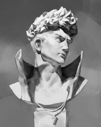 Rule 34 | 1boy, classic, cyberpunk (series), cyberpunk edgerunners, david martinez, greyscale, highres, jacket, jewelry, looking to the side, male focus, marble (stone), marble sculpture, mohawk, monochrome, necklace, open clothes, open jacket, pluvium grandis, shirt, spiked hair, statue