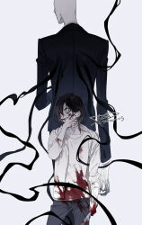 Rule 34 | 2boys, artist name, back-to-back, black suit, blood, blood from mouth, blood on clothes, blood on face, blood on hands, blood splatter, blood stain, bloody weapon, creepypasta, dated, faceless, faceless male, formal, highres, holding, holding knife, hood, hoodie, jacket, jeff the killer, knife, looking at viewer, multiple boys, open clothes, open jacket, pale skin, pants, psd (psdgai), shirt, slender man, suit, tall male, tendril, weapon, white background, white hoodie, white shirt