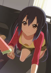 Rule 34 | 00s, 1girl, all fours, amano myonta, black hair, blazer, breasts, brown eyes, downblouse, food, holding, jacket, k-on!, long hair, looking at viewer, nakano azusa, no bra, popsicle, small breasts, smile, solo, twintails, watermelon bar