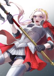 Rule 34 | 1girl, axe, breasts, cape, cleavage, edelgard von hresvelg, fire emblem, fire emblem: three houses, fire emblem warriors: three hopes, gloves, hair ornament, highres, long hair, looking at viewer, miran (olivine 20), nintendo, official alternate costume, official alternate hairstyle, open mouth, purple eyes, red cape, ribbon, simple background, skirt, solo, weapon, white hair
