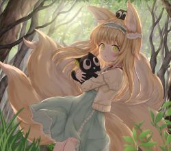 Rule 34 | 1girl, :o, absurdres, animal, animal ear fluff, animal ears, animal hug, arknights, black cat, blue hairband, blue skirt, blush, cat, commentary, crossover, day, eyes visible through hair, forest, fox ears, fox girl, fox tail, frilled hairband, frills, from side, green eyes, hairband, heixiu, highres, jacket, kitsune, long sleeves, looking at viewer, looking to the side, luo xiaohei, nature, neck ribbon, on head, outdoors, parted lips, plant, red ribbon, ribbon, rla13753, shirt, skirt, suzuran (arknights), suzuran (spring praise) (arknights), tail, luo xiaohei zhanji, tree, white jacket, white shirt