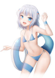 Rule 34 | 1girl, :d, arm up, bare arms, bare shoulders, bikini, blue bikini, blue eyes, blue hair, blush, breasts, collarbone, commentary, cropped legs, english commentary, fins, fish tail, front-tie bikini top, front-tie top, gawr gura, hair ornament, highres, hololive, hololive english, innertube, multicolored hair, navel, open mouth, prophosphere, sharp teeth, side-tie bikini bottom, silver hair, simple background, small breasts, smile, solo, streaked hair, swim ring, swimsuit, tail, teeth, transparent, two side up, virtual youtuber, white background
