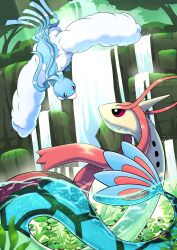 Rule 34 | absurdres, altaria, black eyes, colored sclera, creatures (company), flying, forest, game freak, gen 3 pokemon, highres, looking at another, milotic, nature, nintendo, no humans, outdoors, partially submerged, plant, pokemon, pokemon (creature), q-chan, red sclera, river, tree, water, waterfall