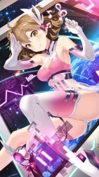 Rule 34 | 1girl, absurdres, ahoge, arm up, armpits, artist request, ass, bare shoulders, bodysuit, boots, breasts, brown hair, cleavage, curly hair, drone, elbow gloves, girl cafe gun, gloves, hair bun, hair ornament, highres, looking at viewer, medium breasts, musical note, official art, one side up, orange eyes, salute, see-through, short hair, single hair bun, single thigh boot, single thighhigh, sleeveless, smile, solo, su xiaozhen, thigh boots, thigh strap, thighhighs, thighs