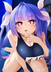 Rule 34 | 1girl, bare shoulders, blue hair, blue one-piece swimsuit, blunt bangs, blurry, blush, breasts, collarbone, depth of field, fang, finger to mouth, flower-shaped pupils, gradient hair, hair ornament, hair ribbon, haniyama kurofo, highres, i-19 (kancolle), indoors, kantai collection, large breasts, long hair, looking at viewer, multicolored hair, name tag, one-piece swimsuit, open mouth, red eyes, ribbon, school swimsuit, sitting, solo, swimsuit, symbol-shaped pupils, twintails, twitter username