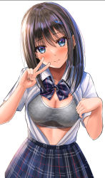 Rule 34 | 1girl, black bow, black bowtie, black hair, black skirt, blue eyes, blush, bow, bowtie, breasts, cleavage, closed mouth, clothes writing, collared shirt, cowboy shot, hair ornament, hairclip, head tilt, highres, long hair, looking at viewer, medium breasts, mole, mole on stomach, open clothes, open shirt, original, plaid, plaid skirt, pleated skirt, school uniform, shirt, short sleeves, simple background, skirt, smile, solo, sports bra, striped bow, striped bowtie, striped clothes, v, white background, white shirt, yukemuriganmo