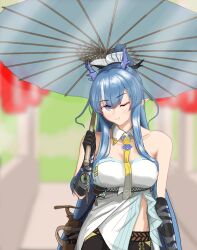 Rule 34 | arknights, blue hair, breasts, dragon horns, gourd, highres, holding, holding umbrella, horns, light smile, ling (arknights), long hair, medium breasts, necktie, pointy ears, self-upload, umbrella, very long hair