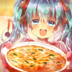 Rule 34 | 1girl, aqua hair, blue eyes, casserole, earrings, food, food focus, gratin, hair ribbon, hatsune miku, indoors, jewelry, kitchen, long hair, looking at viewer, necklace, open mouth, oven mitts, pov, ribbon, smile, solo, twintails, urara (sumairuclover), vocaloid